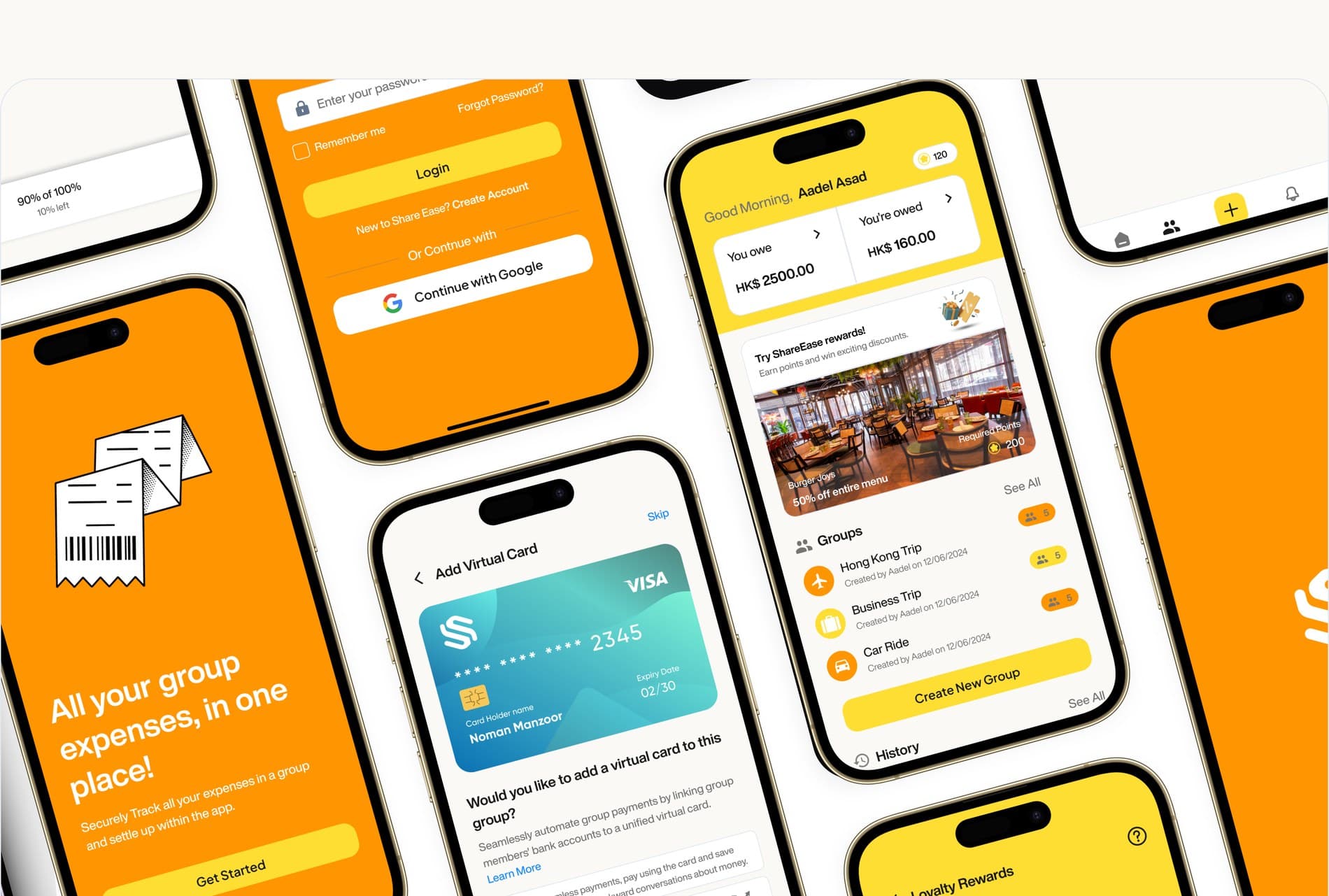 Share Ease bill-splitting app screens